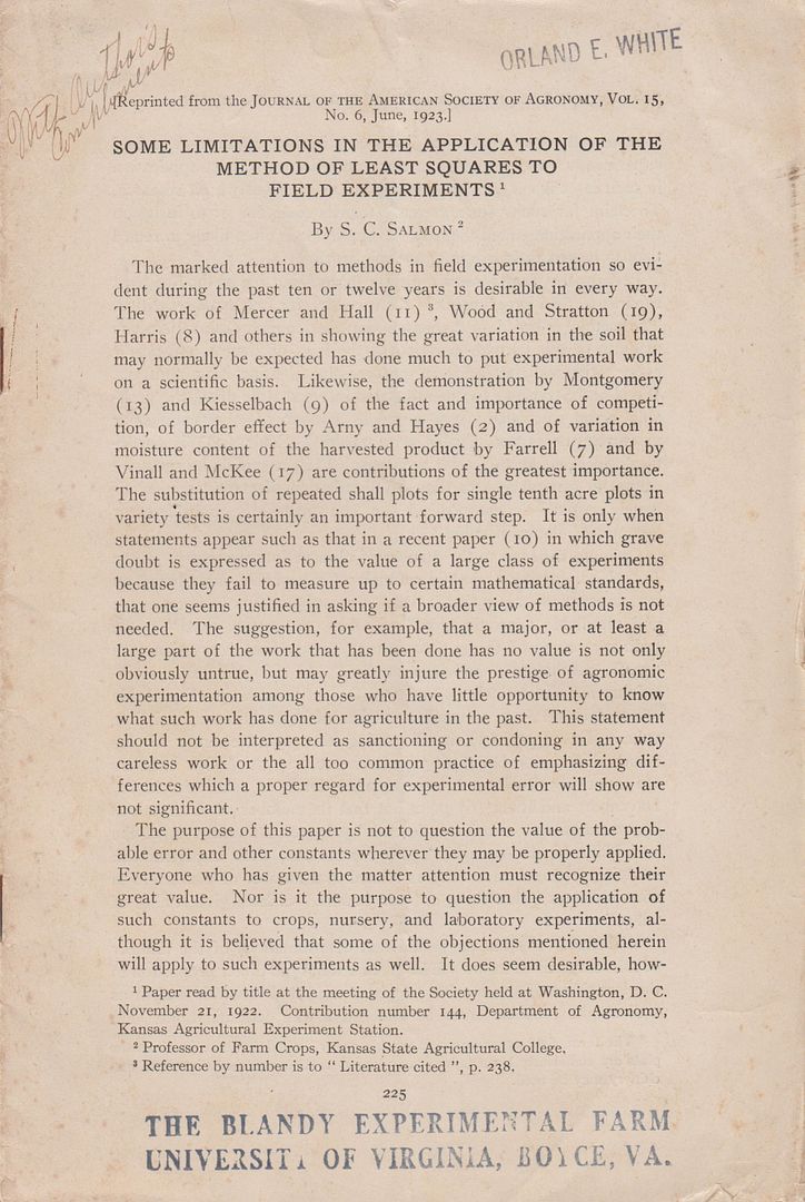 Some Limitations in the Application of the Method of Least Squares to Field Experiments, Salmon, S.C. Some Limitations in the Application of the Method of Least Squares to Field Experiments, Salmon, S.C.