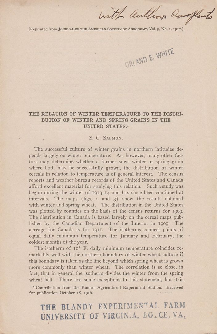 The Relation of Winter Temperature to the Distribution of Winter and Spring Grains in the United States, Salmon, S.C. The Relation of Winter Temperature to the Distribution of Winter and Spring Grains in the United States, Salmon, S.C.