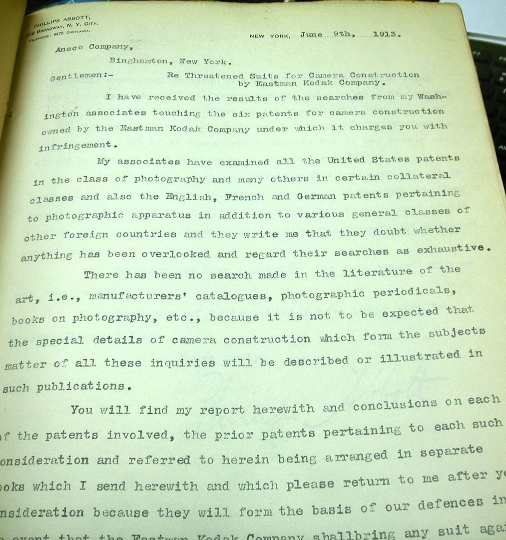Reports of Phillips Abbott March 21, 1913 and June 9, 1913 Camera Patents: Important photography archive: Signed Manuscript Patent Research Reports Eastman Kodak vs. Ansco 1913, Abbott, Phillips Patent Attorney Reports of Phillips Abbott March 21, 1913 and June 9, 1913 Camera Patents: Important photography archive: Signed Manuscript Patent Research Reports Eastman Kodak vs. Ansco 1913, Abbott, Phillips Patent Attorney
