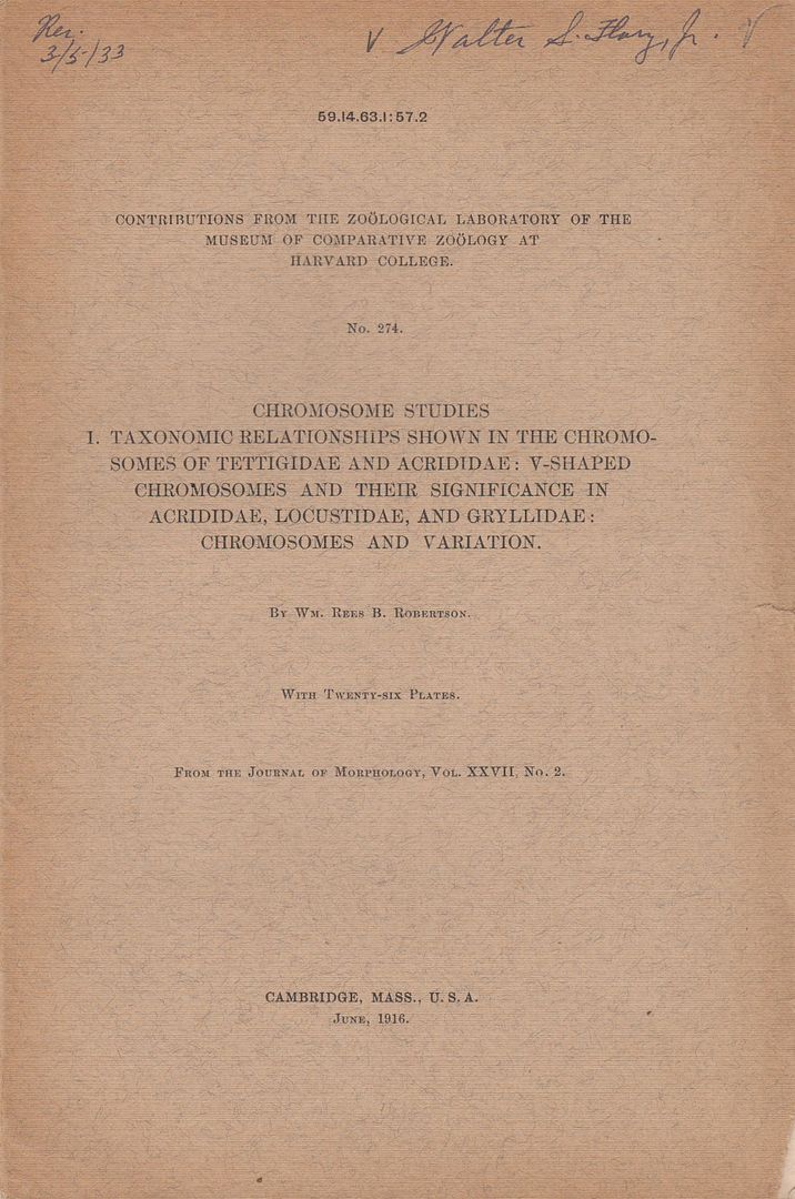 Chromosome Studies I. Taxonomic Relationships shown in the Chromosomes of Tettigidae and Acrididae: V-Shaped Chromosomes and their Significance in Acrididae, Locustidae, and Gryllidae: Chromosomes and Variation, Robertson, Wm. Rees B. Chromosome Studies I. Taxonomic Relationships shown in the Chromosomes of Tettigidae and Acrididae: V-Shaped Chromosomes and their Significance in Acrididae, Locustidae, and Gryllidae: Chromosomes and Variation, Robertson, Wm. Rees B.