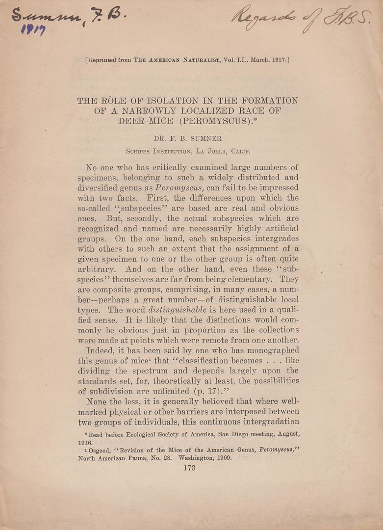 The Role of Isolation in the Formation of a Narrowly Localized Race of Deer-Mice (Peromyscus), Sumner, F.B. The Role of Isolation in the Formation of a Narrowly Localized Race of Deer-Mice (Peromyscus), Sumner, F.B.