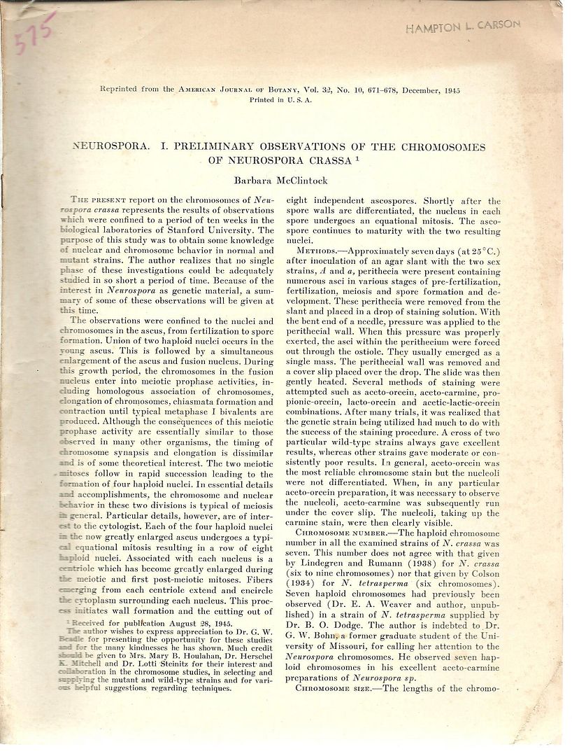 44 offprints from Nobel winner Barbara McClintock, McClintock, Barbara 44 offprints from Nobel winner Barbara McClintock, McClintock, Barbara
