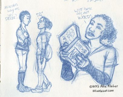 Ash stares up at a looming, glaring butch lady, and is perplexed by an unintelligible book