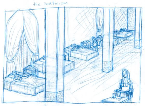 a room full of tall pillars, heavily curtained windows, and nun-like figures catering to a row of girls asleep in identical poses