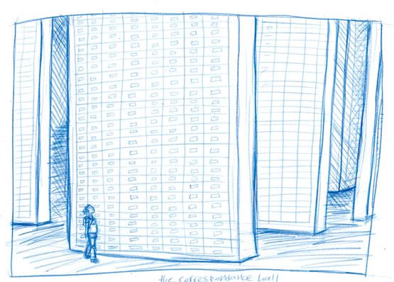 a girl wanders through a room of huge pillars of what appear to be drawers, stretching away out of the frame