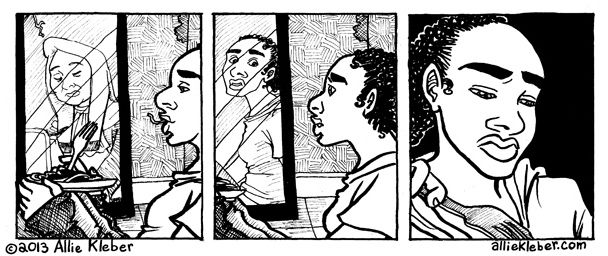 three panels; Ash eats near the mirror where a nun is reflected, looks up shocked at her own reflection, and turns back to her food, troubled