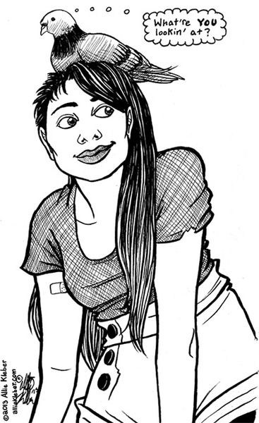 a girl with her hair half-short and half-long looks sidelong, with a quirky smile and a pigeon on her head