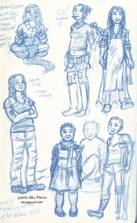 sketchy images of cheerful, if sort of ragged/randomly-dressed young women