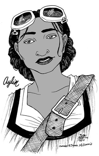 a bust portrait of a young dark-skinned woman with goggles on her forehead