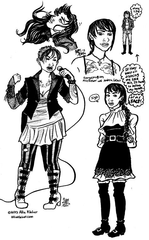 doodle page incorporating a punk singer and a character study of a dark-haired girl who doesn't like her dress