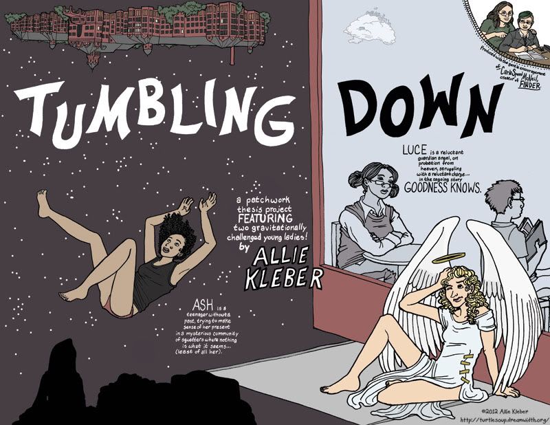 a poster featuring Ash falling through the sky from upside-down asylum to silhouetted nun-sanitorium on one side, and Luce rubbing her head ruefully from the pavement in front of a coffee shop on the other