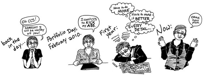 a progression of images from years ago to the present, circling from aspiration to determination to burnout and a fresh start