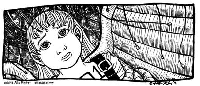 panel of a little light-haired girl hooked up to wires and a metal frame