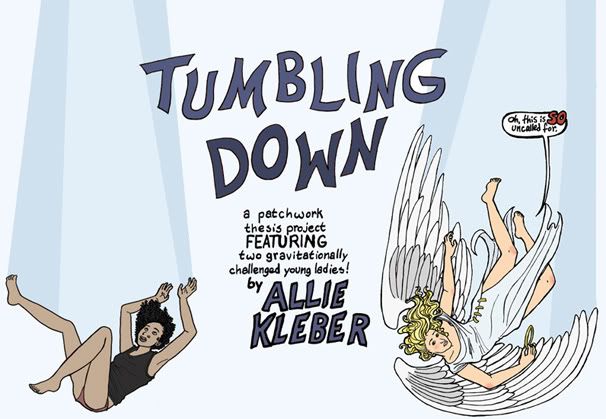 a black girl in a tank top and underpants and a white angel in a robe both fall out of the sky on opposite sides of 'Tumbling Down: a patchwork thesis project featuring two gravitationally challenged young ladies'