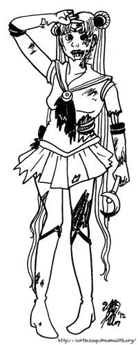 Sailor Moon as a half-decomposed zombie, offering a familiar salute