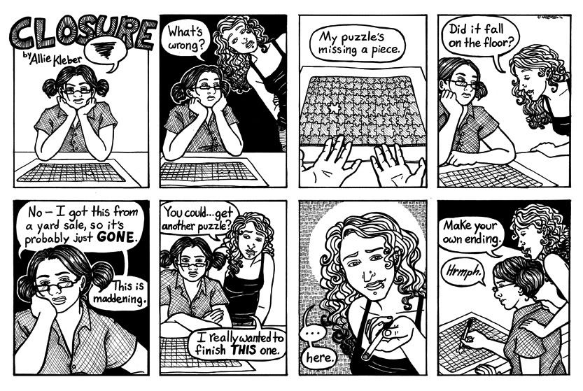 an eight panel comic strip using a jigsaw puzzle as an unsubtle metaphor