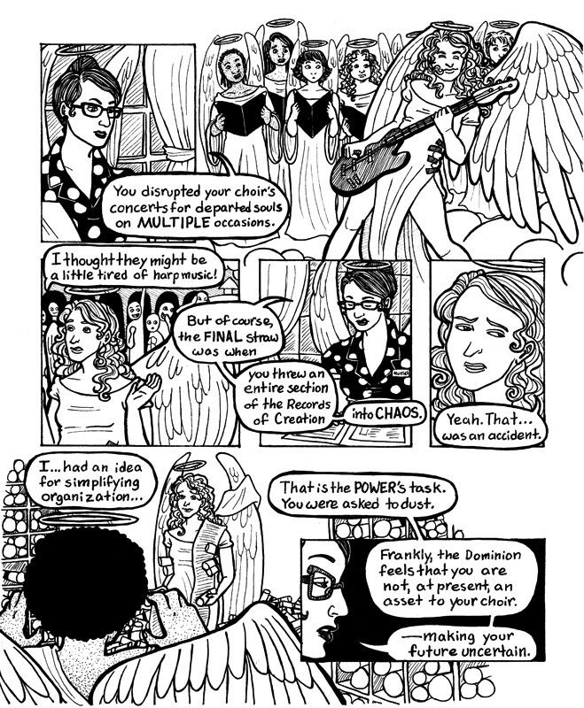a comic page showing a secretaryish angel scolding a wincing younger angel for rocking out at heavenly concerts and turning a room full of scrolls upside-down