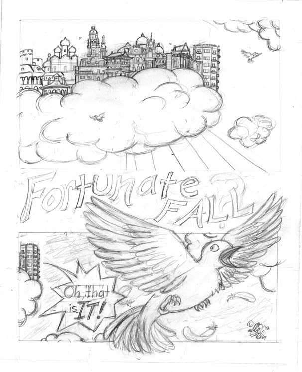 comic page with two panels: one showing a city perched in the clouds, while in the second a dove flees a voice screaming 'Oh, that is IT!' from one of the buildings. chapter title: Fortunate Fall(?)