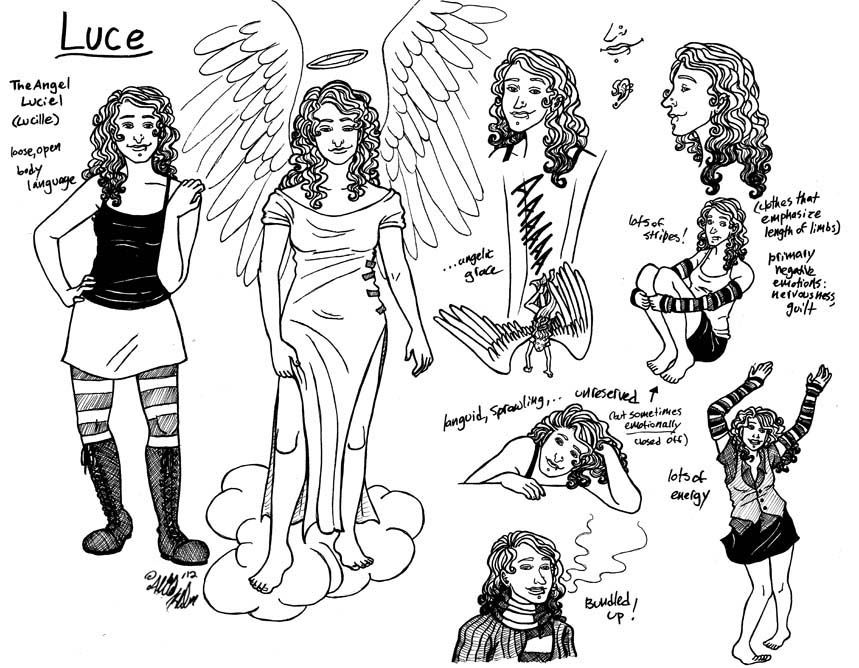 model sheet for Luce: full-body, details, some 'action' poses