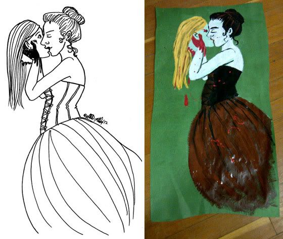 line drawing & painting of a woman kissing the severed head of another woman