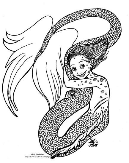 a mermaid with huge eyes and sharp teeth hugs her long tail and grins