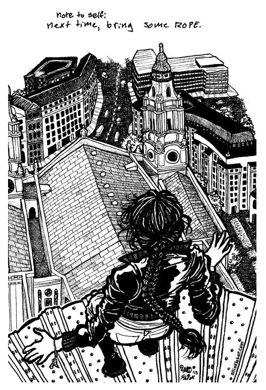 a black-haired woman with a braid stands transfixed on a cathedral dome, looking down at the city far below