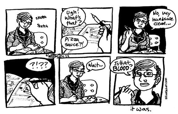 six panel comic strip of me bleeding on my sketchbook