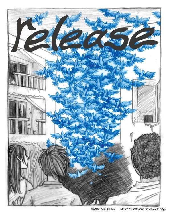 splash page: a stream of bluebirds rise up from a monochromatic post-apocalyptic landscape. titled 'release.'