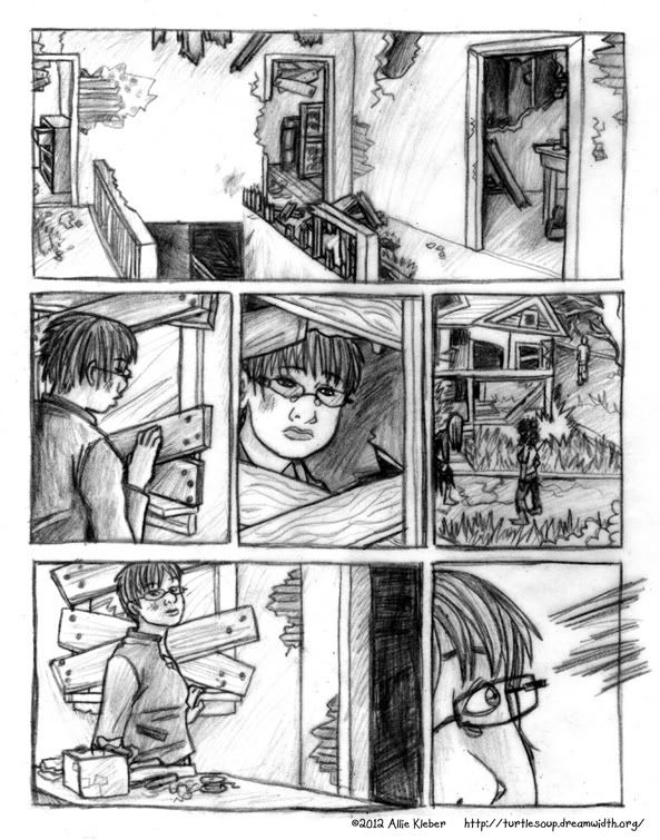comic page: a girl looks out at a zombie-filled landscape from a workshop in a derelict house