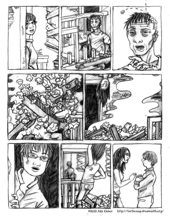 comic page: a zombie wanders into the house, but is buried in rubble by another girl.