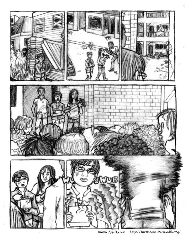 comic page: the girls sneak through the ruined town to a square filled with zombies, where one sets off a mysterious electronic device