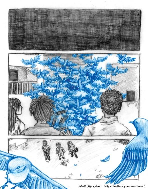 comic page: the zombies transform into bluebirds and fly away, leaving the survivors staring upwards
