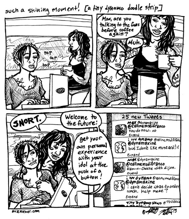 four panel comic of sleepy, tour bus riding rockstars tweeting inanely with fans