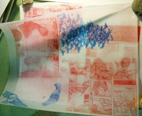 two pieces of translucent vellum laid over each other, covered with red pencil