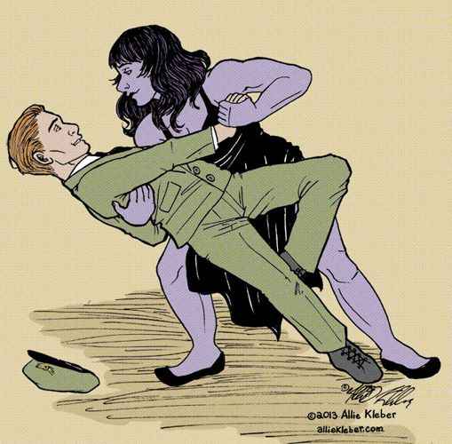 a musclebound purple girl tang-dips a delighted Air Force commander