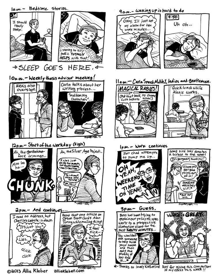 eight two-panel hourly diary comics