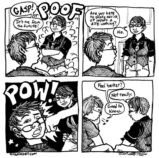 a four panel comic in which Turtle goes back in time to punch her past self, but it doesn't make her feel better